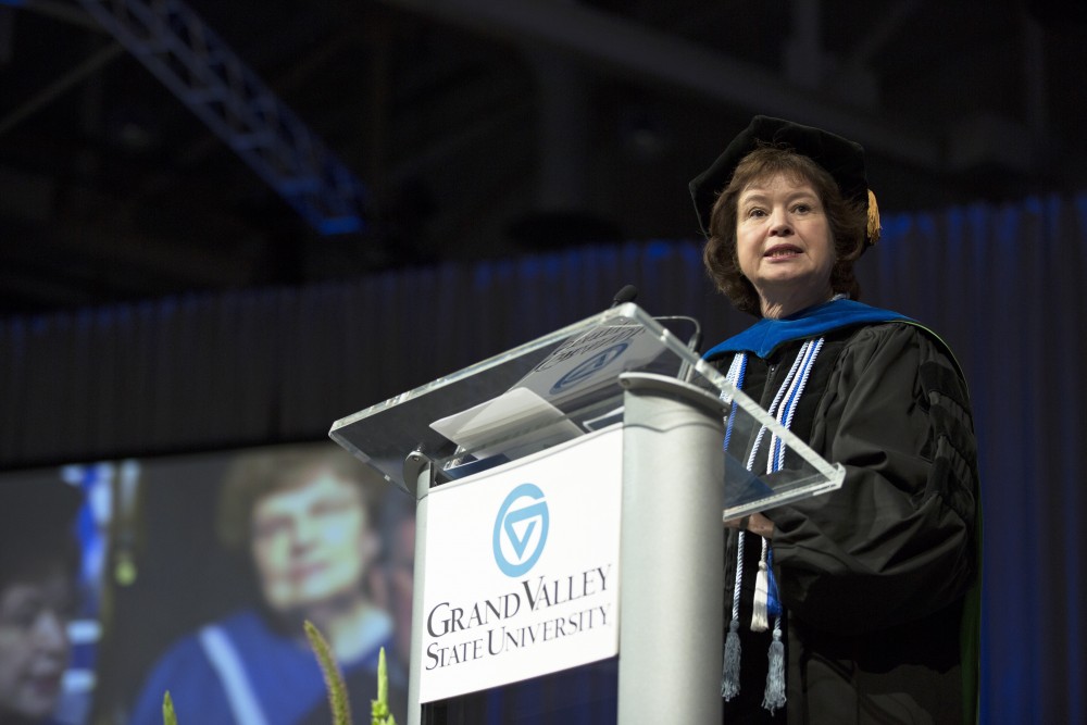 GVL / Kevin Sielaff
Provost Gayle Davis speaks at convocation. Grand Valley kicks off the academic year with their annual convocation ceremonies, held August 29th, 2015 inside the Fieldhouse Arena.  