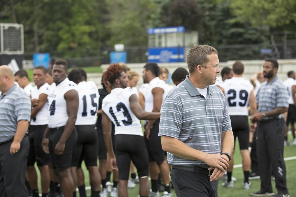 GVL / Kevin Sielaff
The Grand Valley State University football squad gathers for its annual media day Wednesday, August 19th, 2015. The afternoon aimed to promote the highly anticipated 2015 football season, while also making predictions for what the year ahead might hold. Headcoach Matt Mitchell paces as media day takes place.   