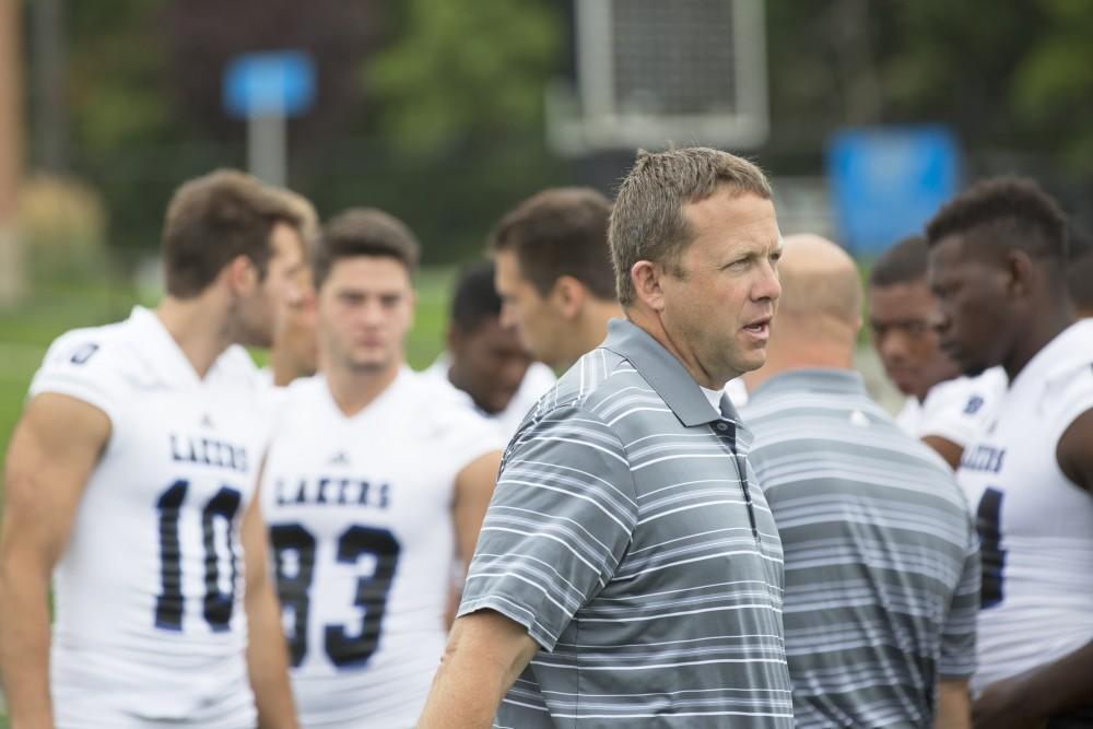 GVL / Kevin Sielaff
The Grand Valley State University football squad gathers for its annual media day Wednesday, August 19th, 2015. The afternoon aimed to promote the highly anticipated 2015 football season, while also making predictions for what the year ahead might hold. Headcoach Matt Mitchell paces as media day takes place.   
  