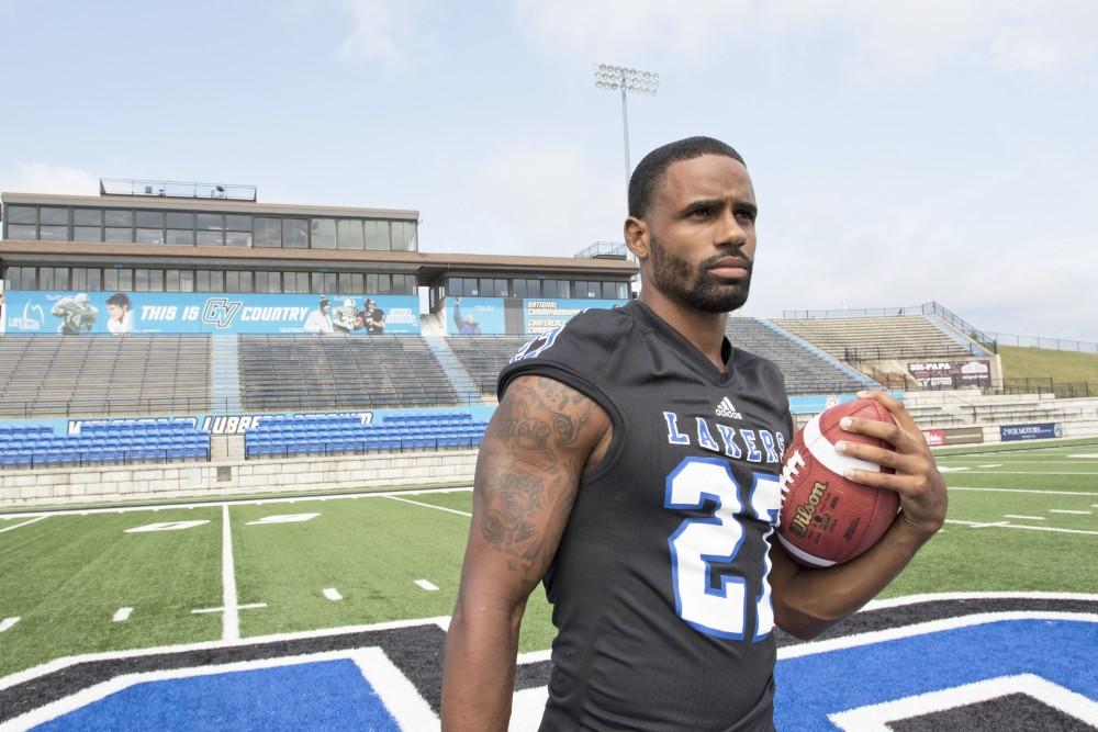 GVL / Kevin Sielaff
The Grand Valley State University football squad gathers for its annual media day Wednesday, August 19th, 2015. The afternoon aimed to promote the highly anticipated 2015 football season, while also making predictions for what the year ahead might hold. Senior running back Kirk Spencer (27) poses for his final media day photos. 