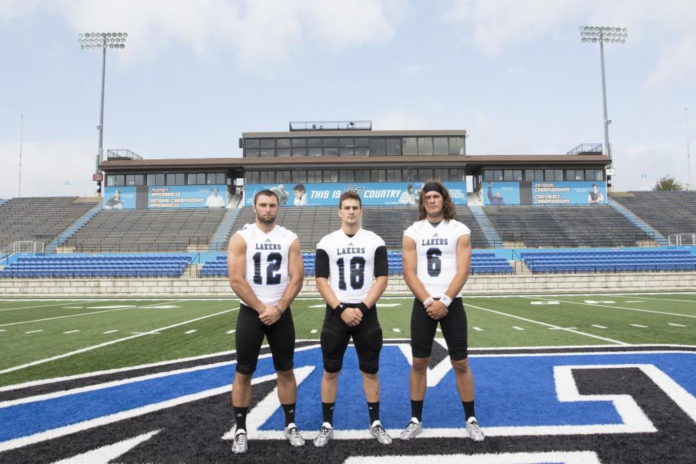 GVL / Kevin Sielaff
The Grand Valley State University football squad gathers for its annual media day Wednesday, August 19th, 2015. The afternoon aimed to promote the highly anticipated 2015 football season, while also making predictions for what the year ahead might hold. All three GV quarterbacks pose for media day photos.   