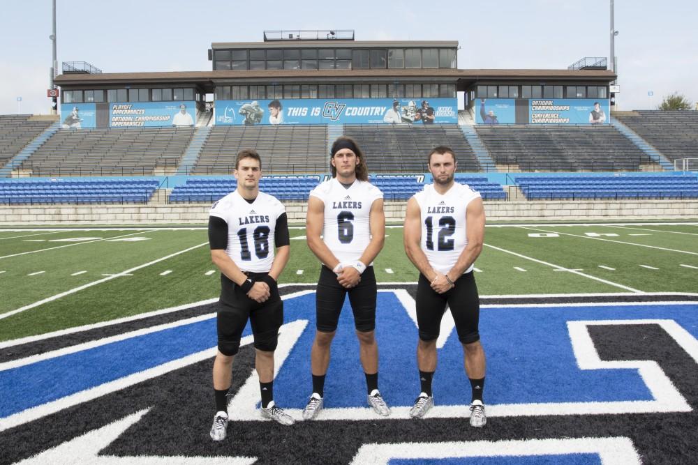 GVL / Kevin Sielaff
The Grand Valley State University football squad gathers for its annual media day Wednesday, August 19th, 2015. The afternoon aimed to promote the highly anticipated 2015 football season, while also making predictions for what the year ahead might hold. All three GV quarterbacks pose for media day photos.  