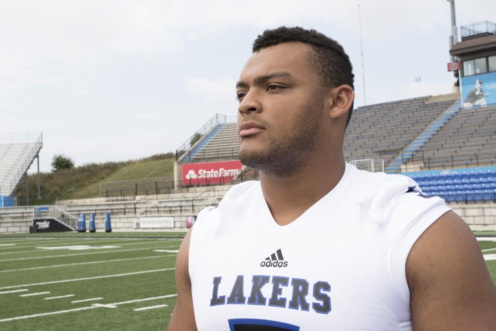 GVL / Kevin Sielaff
The Grand Valley State University football squad gathers for its annual media day Wednesday, August 19th, 2015. The afternoon aimed to promote the highly anticipated 2015 football season, while also making predictions for what the year ahead might hold. De'Ondre Hogan poses for a media day photo.   