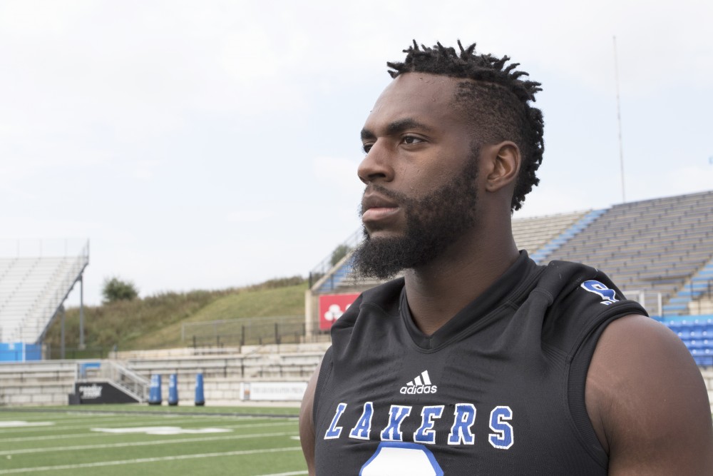 GVL / Kevin Sielaff
The Grand Valley State University football squad gathers for its annual media day Wednesday, August 19th, 2015. The afternoon aimed to promote the highly anticipated 2015 football season, while also making predictions for what the year ahead might hold. Matt Judon (9) poses for a media day photo.   