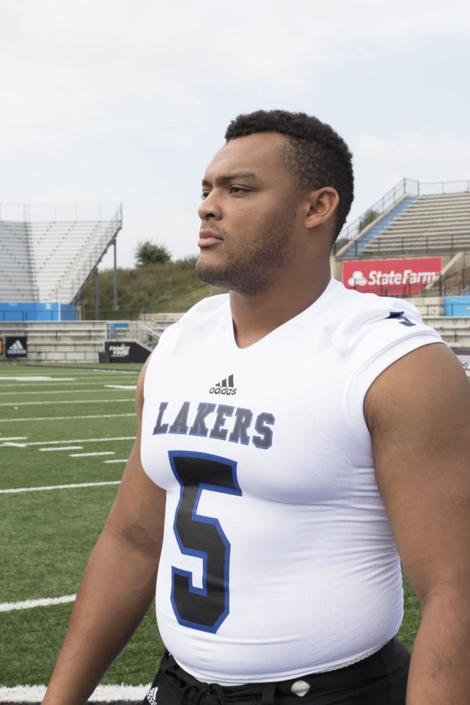 GVL / Kevin Sielaff
The Grand Valley State University football squad gathers for its annual media day Wednesday, August 19th, 2015. The afternoon aimed to promote the highly anticipated 2015 football season, while also making predictions for what the year ahead might hold. De'Ondre Hogan poses for a media day photo.   