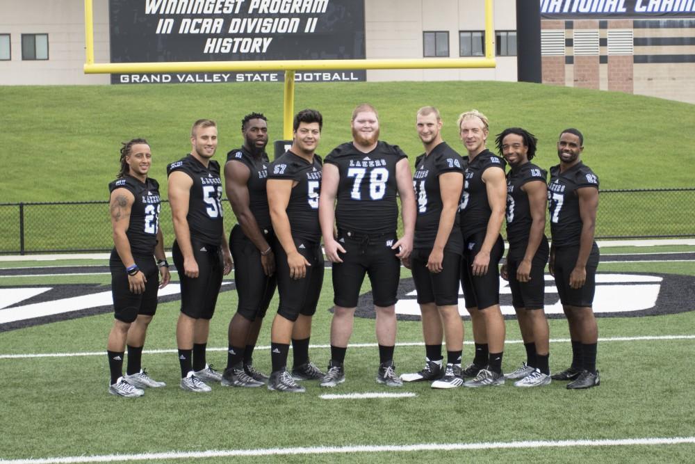 GVL / Kevin Sielaff
The Grand Valley State University football squad gathers for its annual media day Wednesday, August 19th, 2015. The afternoon aimed to promote the highly anticipated 2015 football season, while also making predictions for what the year ahead might hold. Grand Valley's senior class pose for a group photo.   