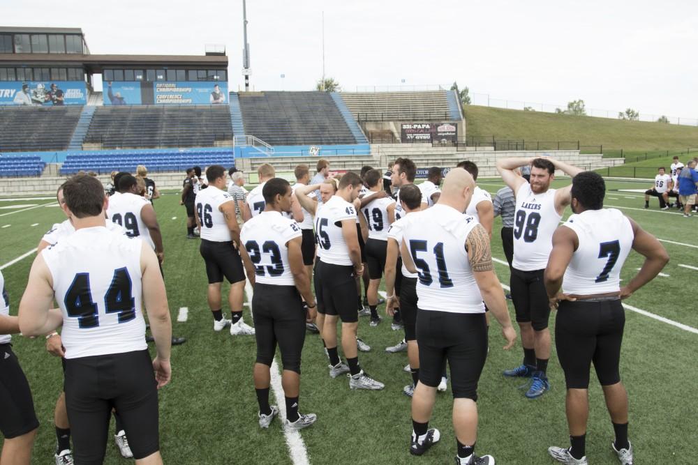 GVL / Kevin Sielaff
The Grand Valley State University football squad gathers for its annual media day Wednesday, August 19th, 2015. The afternoon aimed to promote the highly anticipated 2015 football season, while also making predictions for what the year ahead might hold.  