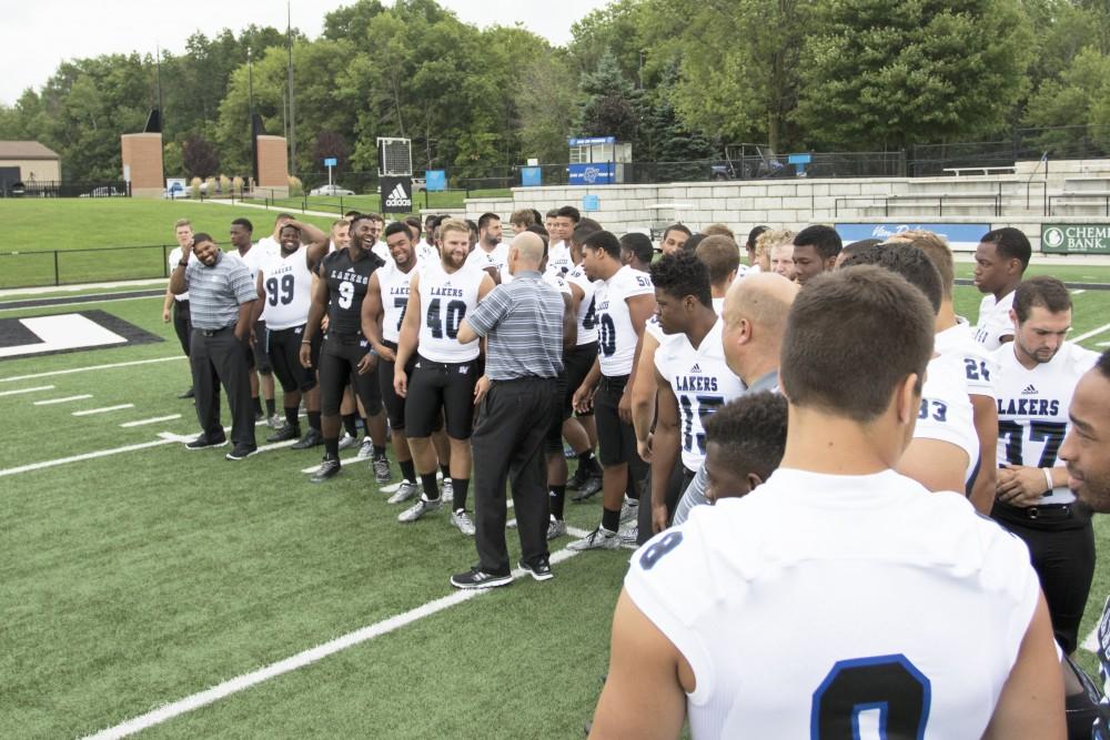 GVL / Kevin Sielaff
The Grand Valley State University football squad gathers for its annual media day Wednesday, August 19th, 2015. The afternoon aimed to promote the highly anticipated 2015 football season, while also making predictions for what the year ahead might hold.  