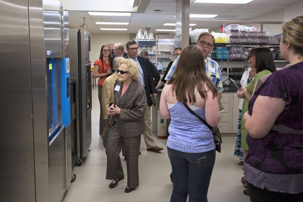 GVL / Kevin Sielaff
Esther Padnos tours the new science building. Grand Valley celebrates the P. Douglas Kindschi Hall of Science with a dedication ceremony Friday, August 28th, 2015. The dedication recognized both Grand Valley and state officials that made the realization of this building possible. 