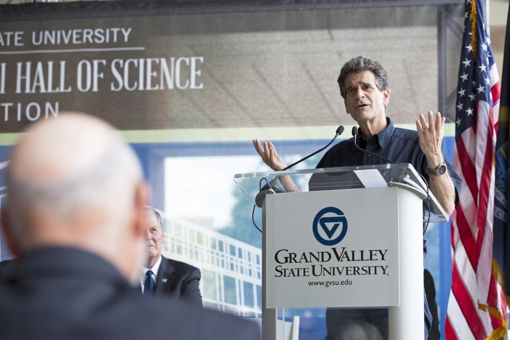 GVL / Kevin Sielaff
Dean Kamen, founder and president of DEKA Research and Development Corp., speaks before the new science hall. Grand Valley celebrates the P. Douglas Kindschi Hall of Science with a dedication ceremony Friday, August 28th, 2015. The dedication recognized both Grand Valley and state officials that made the realization of this building possible. 