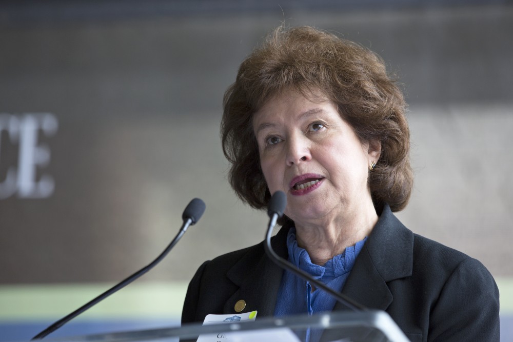 GVL / Kevin Sielaff
Provost Gayle Davis speaks in front of the new science building. Grand Valley celebrates the P. Douglas Kindschi Hall of Science with a dedication ceremony Friday, August 28th, 2015. The dedication recognized both Grand Valley and state officials that made the realization of this building possible. 