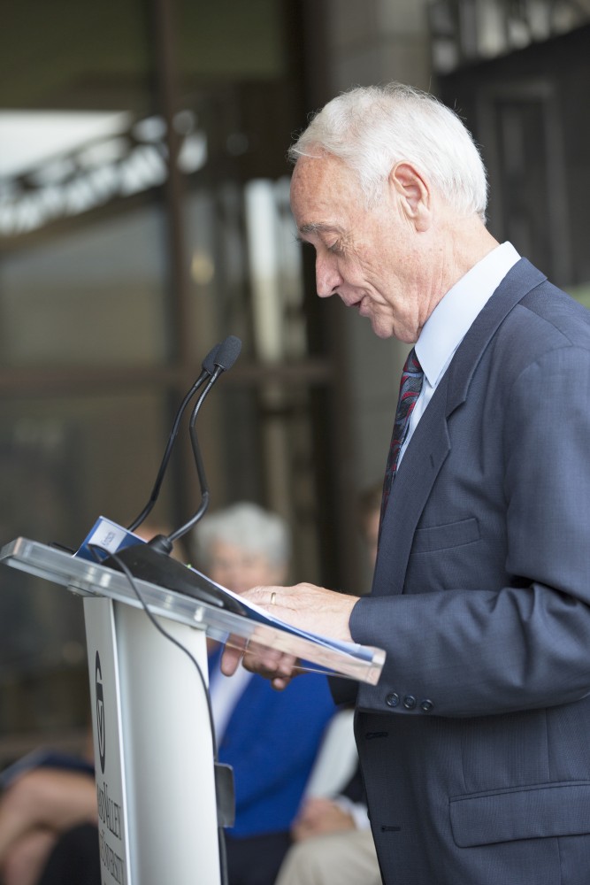 GVL / Kevin Sielaff
Former dean of math and sciences, P. Douglas Kindschi, speaks before the Kindschi Hall of Science. Grand Valley celebrates the P. Douglas Kindschi Hall of Science with a dedication ceremony Friday, August 28th, 2015. The dedication recognized both Grand Valley and state officials that made the realization of this building possible. 