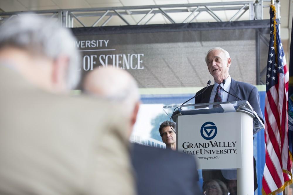 GVL / Kevin Sielaff
Former dean of math and sciences, P. Douglas Kindschi, speaks before the Kindschi Hall of Science. Grand Valley celebrates the P. Douglas Kindschi Hall of Science with a dedication ceremony Friday, August 28th, 2015. The dedication recognized both Grand Valley and state officials that made the realization of this building possible. 