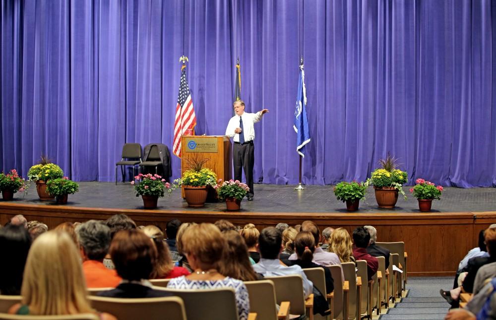 GVL / Emily Frye
President Haas giving his annual address to all of the faculty and staff of Grand Valley State on Friday August 28th, 2015. Haas informed the staff about everything coming up in the future for the university.