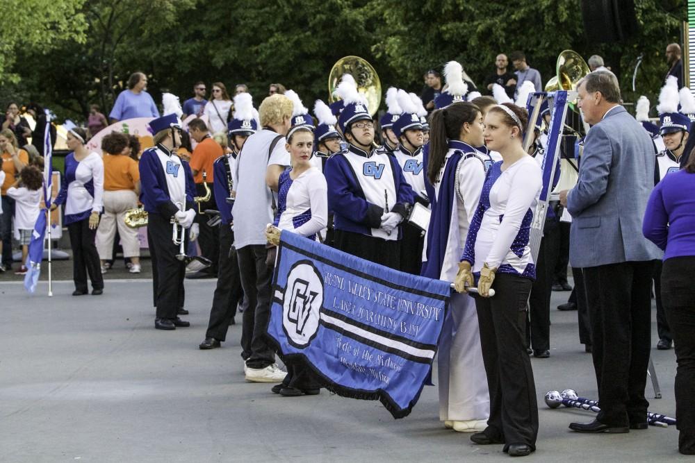 GVL / Sara Carte
Grand Valley’s Marching Band gets ready to perform for opening night of Grand Rapids seventh annual Art Prize in the Rosa Parks Circle on Sept. 23.