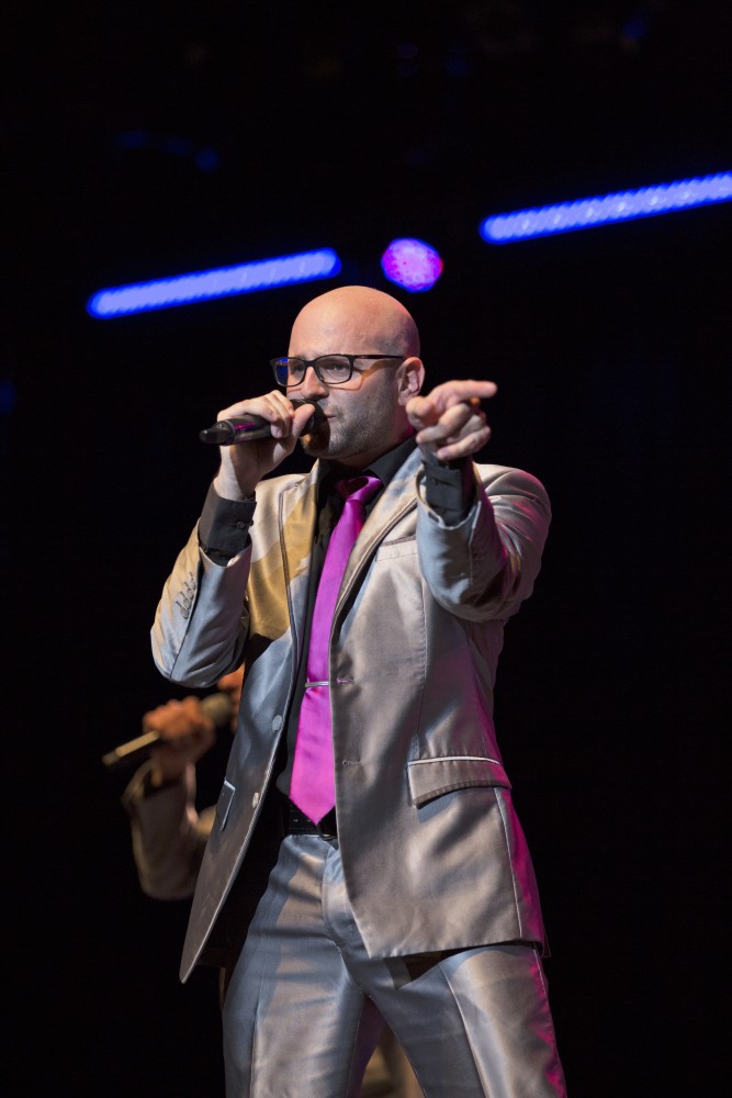 GVL / Kevin Sielaff
Michael Samsky, lead baritone, performs. The Cat's Pajamas, a nationally known vocal band, headlines a concert including Grand Valley's all-women a cappella group Midnight Snack and local high school group vocalists. 