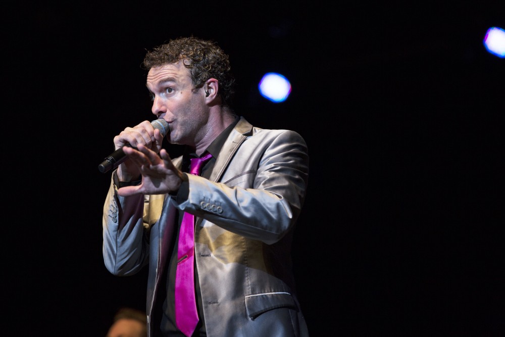 GVL / Kevin Sielaff
Brian Skinner, beat-bass singer, performs. The Cat's Pajamas, a nationally known vocal band, headlines a concert including Grand Valley's all-women a cappella group Midnight Snack and local high school group vocalists. 