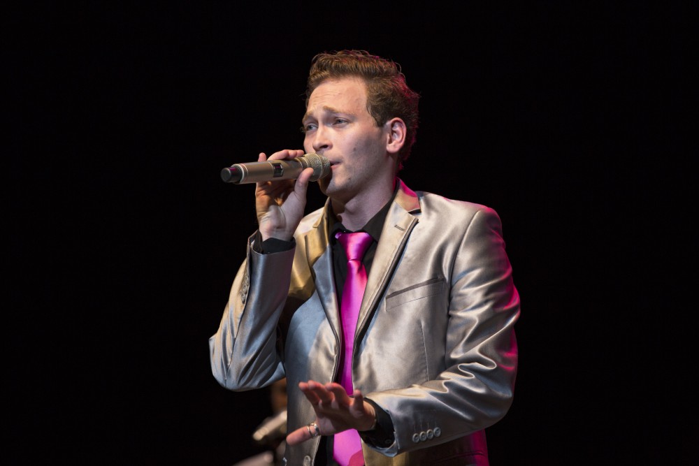 GVL / Kevin Sielaff
Dale Powell, lead lo-tenor, performs. The Cat's Pajamas, a nationally known vocal band, headlines a concert including Grand Valley's all-women a cappella group Midnight Snack and local high school group vocalists. 