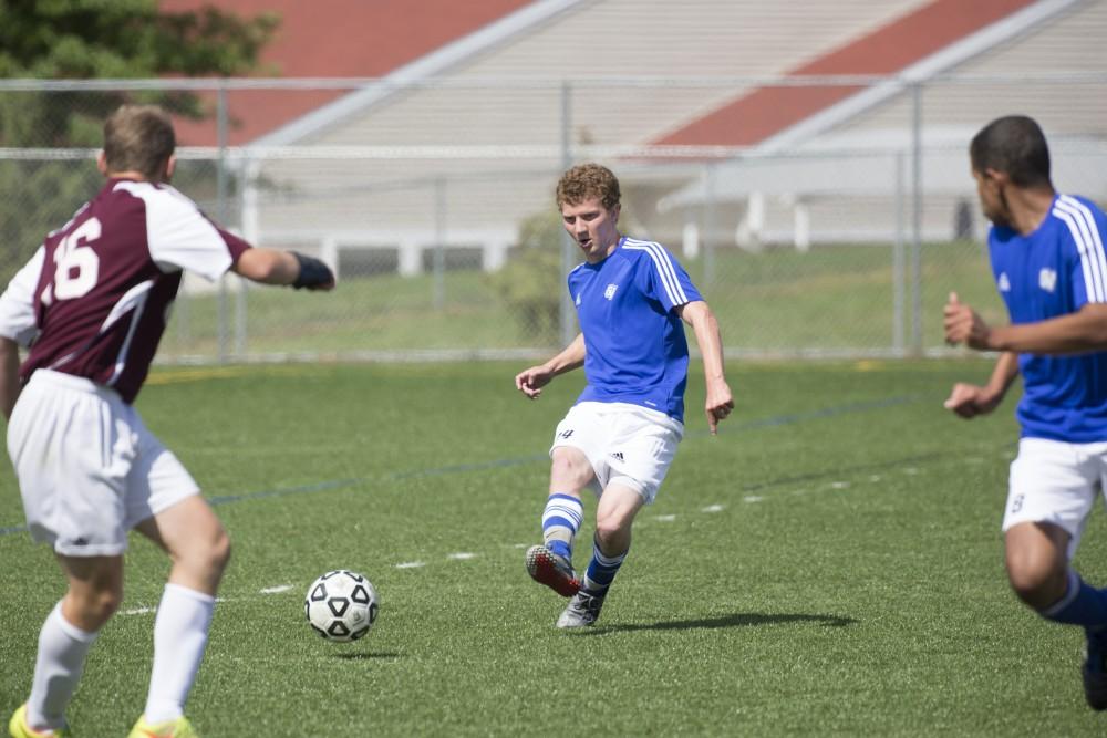 GVL/Kevin Sielaff
Grand Valley's club soccer team squares off against Central Michigan Sept. 12 at the intramural field. 