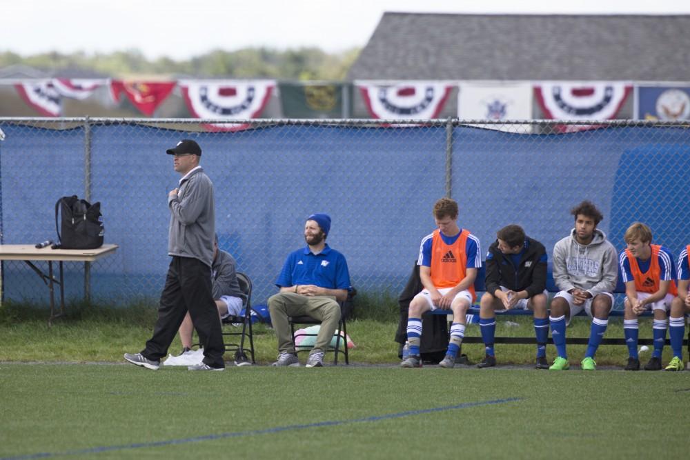 GVL/Kevin Sielaff
Head coach Jeff Crooks paces the sideline. Grand Valley's club soccer team squares off against Central Michigan Sept. 12 at the intramural field. 