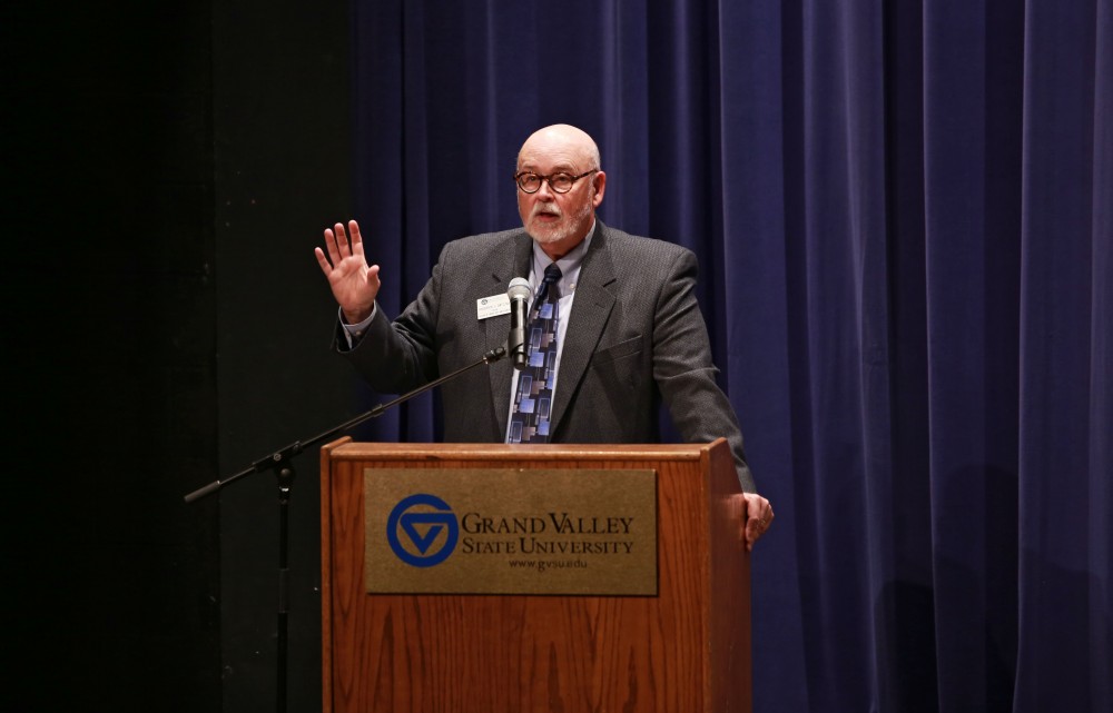 GVL / Kevin Sielaff
Dean of the college of liberal arts and sciences, Frederick J. Antczak, welcomes the audience to the concert. The GVSU music department presents a faculty concert as a part of Fall Art Celebration Sept. 21 in the Louis Armstrong Theatre. 