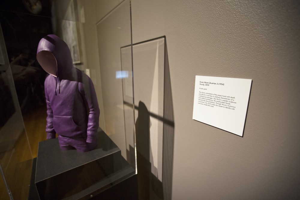 GVL/Kevin Sielaff
Erwin Wurm's "Hoody," 2010, invites the viewer to inhabit the work and enter the purple sweater. Created using acrylic paint, this purple hoody aims to connect with the audience. The annual Fall Arts Celebration unveils the "Dusk to Dusk: Unsettled, Unraveled, Unreal" exhibit Sept. 10 inside the Performing Arts Center on Grand Valley's Allendale campus.