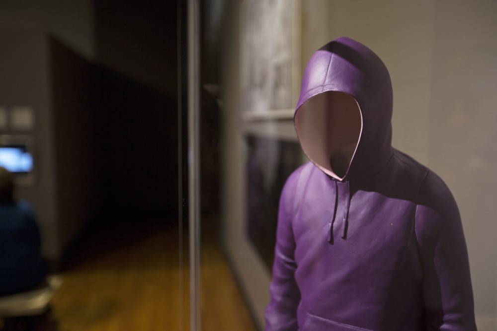 GVL/Kevin Sielaff
Erwin Wurm's "Hoody," 2010, invites the viewer to inhabit the work and enter the purple sweater. Created using acrylic paint, this purple hoody aims to connect with the audience. The annual Fall Arts Celebration unveils the "Dusk to Dusk: Unsettled, Unraveled, Unreal" exhibit Sept. 10 inside the Performing Arts Center on Grand Valley's Allendale campus.