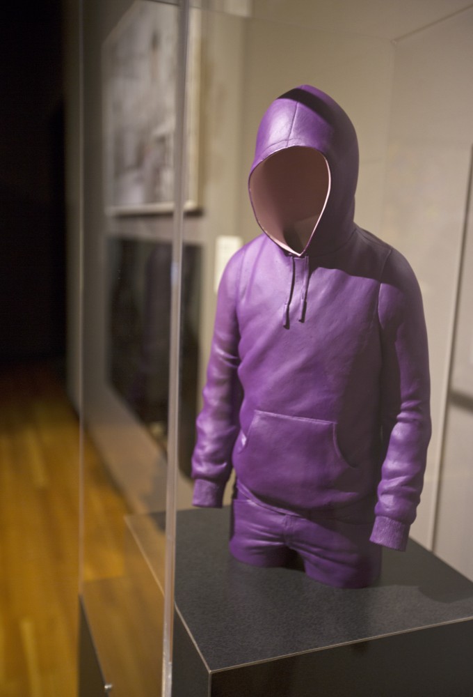 GVL/Kevin Sielaff
Erwin Wurm's "Hoody," 2010, invites the viewer to inhabit the work and enter the purple sweater. Created using acrylic paint, this purple hoody aims to connect with the audience. The annual Fall Arts Celebration unveils the "Dusk to Dusk: Unsettled, Unraveled, Unreal" exhibit Sept. 10 inside the Performing Arts Center on Grand Valley's Allendale campus.