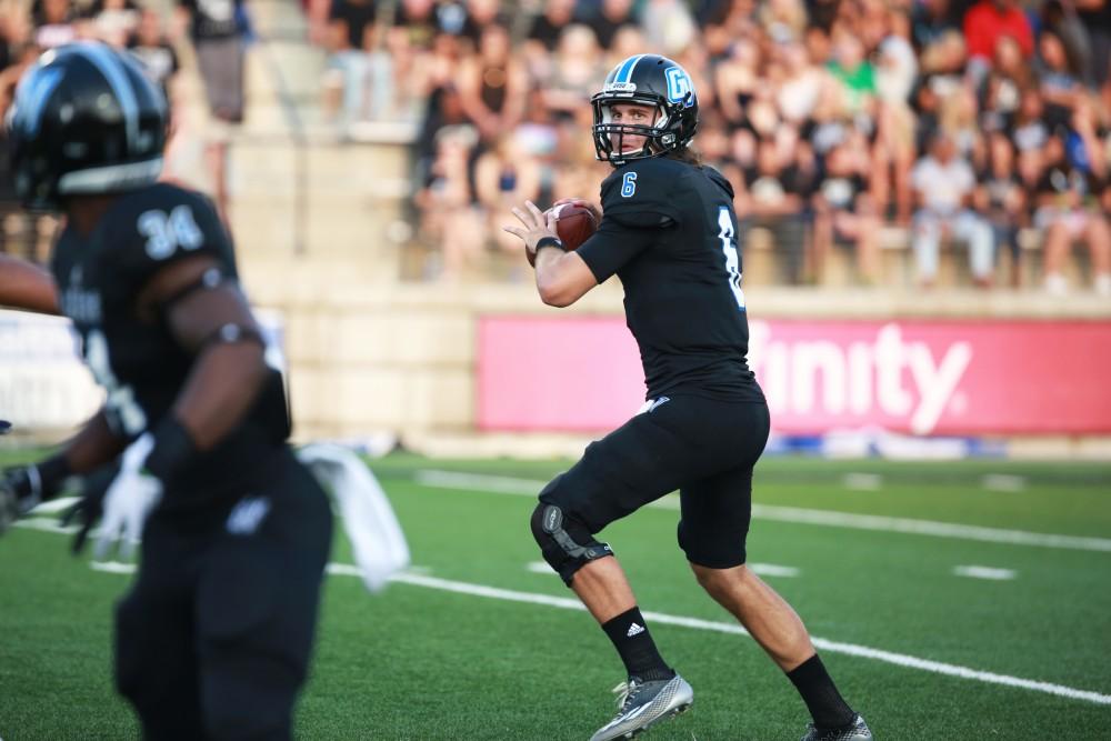 GVL / Kevin Sielaff
Grand Valley State squares off against Southwest Baptist Thursday, September 3rd, 2015 at Lubbers Stadium. Bart Williams (6) looks to throw a pass downfield.