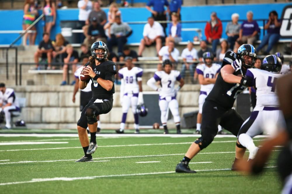 GVL / Kevin Sielaff
Grand Valley State squares off against Southwest Baptist Thursday, September 3rd, 2015 at Lubbers Stadium. Bart Williams (6) looks to throw a pass downfield.