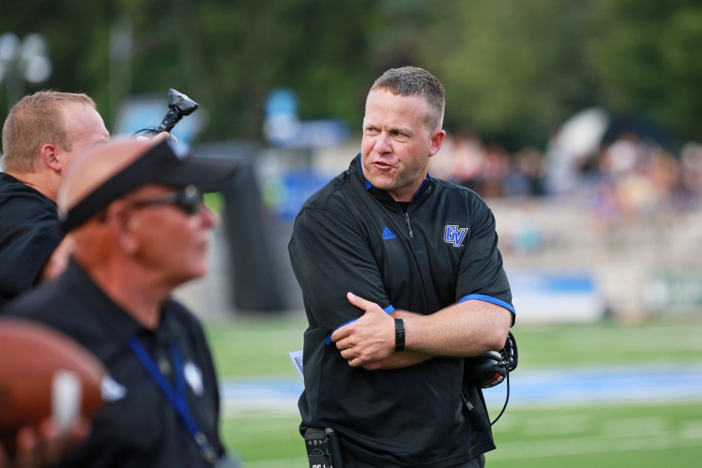 GVL / Kevin Sielaff 
Head coach Matt Mitchell, clearly agitated after serveral "no celebration" penalties. Grand Valley State squares off against Southwest Baptist Thursday, September 3rd, 2015 at Lubbers Stadium. 