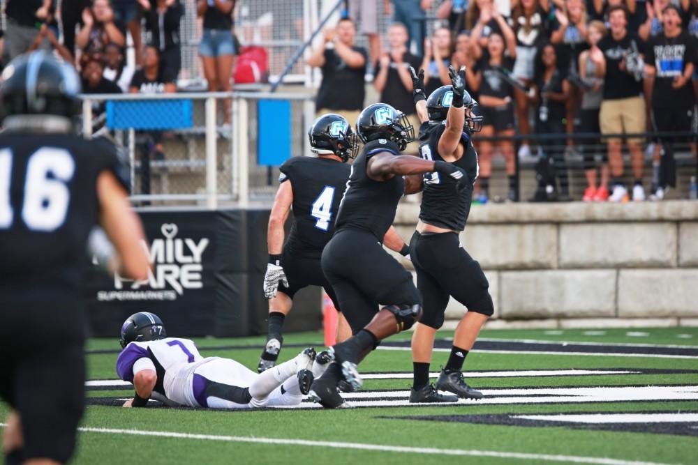 GVL / Kevin Sielaff 
The Lakers celebrate after forcing a safety in the endzone. Grand Valley State squares off against Southwest Baptist Thursday, September 3rd, 2015 at Lubbers Stadium. 