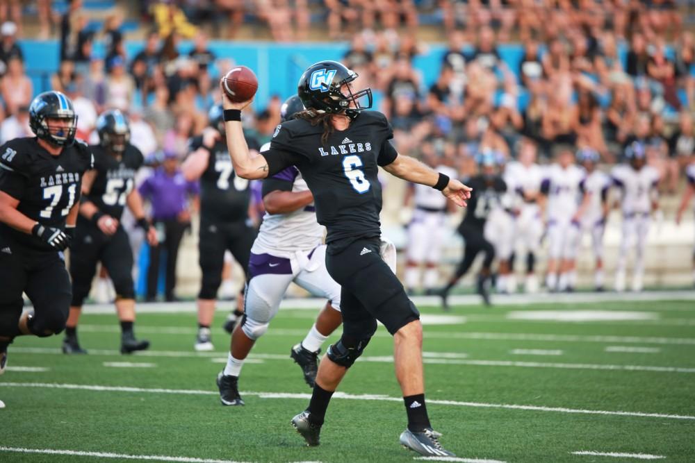 GVL / Kevin Sielaff 
Bart Williams (6) looks to throw a pass. Grand Valley State squares off against Southwest Baptist Thursday, September 3rd, 2015 at Lubbers Stadium. 