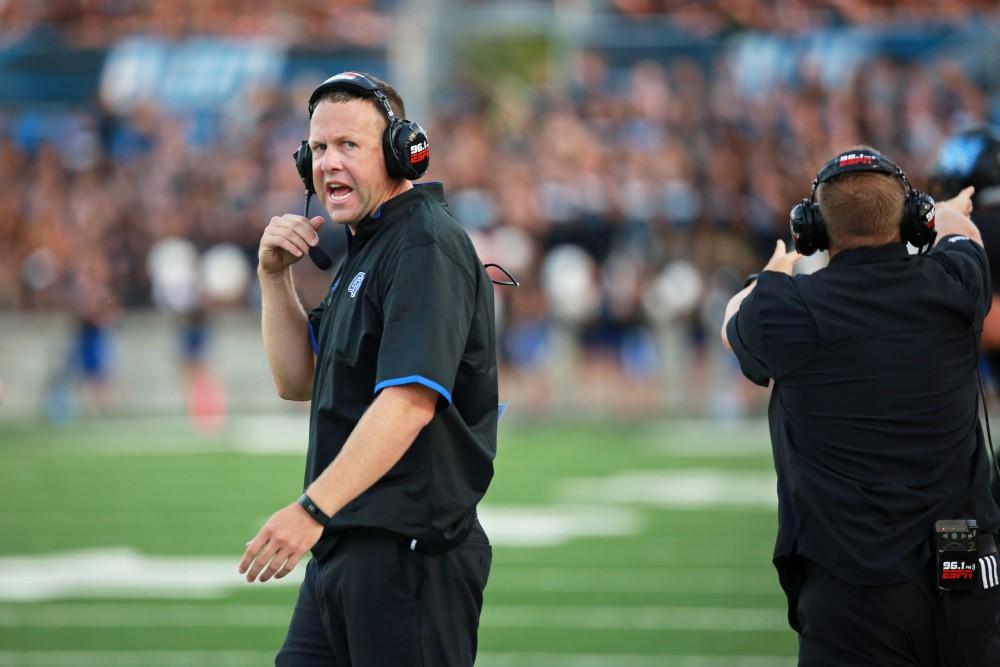 GVL / Kevin Sielaff 
Head coach Matt Mitchell yells toward the sideline. Grand Valley State squares off against Southwest Baptist Thursday, September 3rd, 2015 at Lubbers Stadium. 