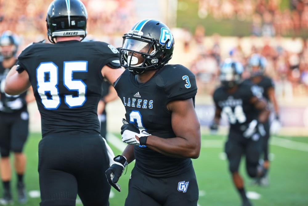 GVL / Kevin Sielaff 
Brandon Bean (3) jogs toward the sideline. Grand Valley State squares off against Southwest Baptist Thursday, September 3rd, 2015 at Lubbers Stadium. 