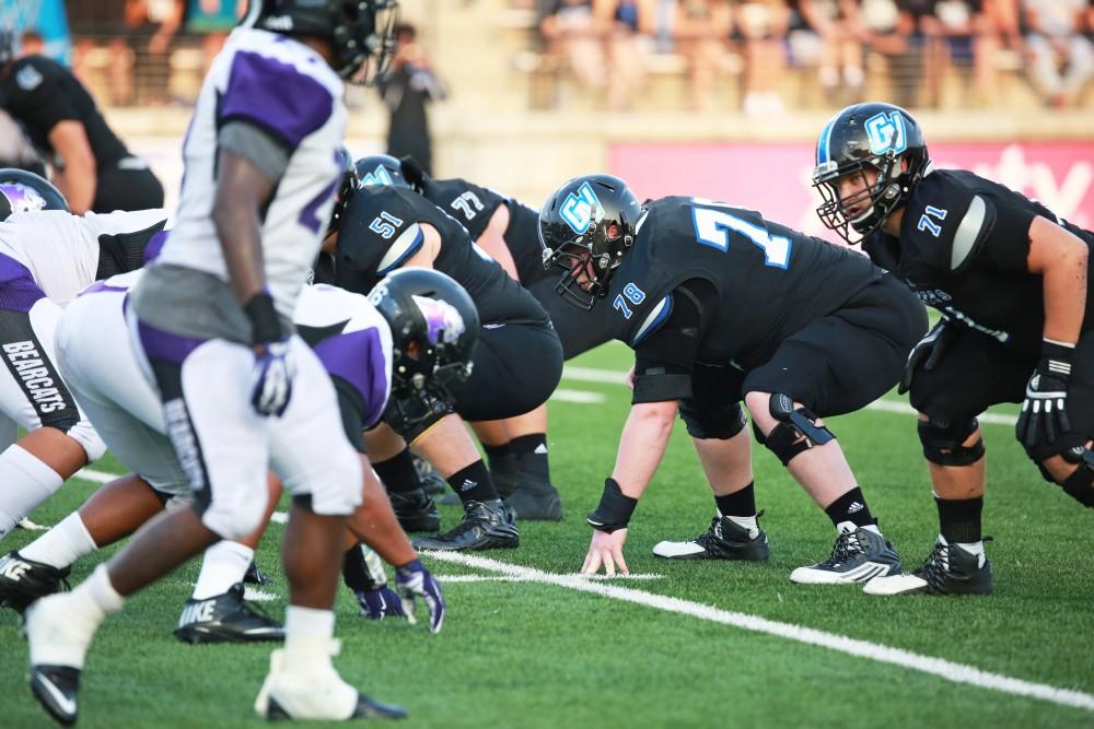 GVL / Kevin Sielaff 
Jim Walsh (78) sets up shop. Grand Valley State squares off against Southwest Baptist Thursday, September 3rd, 2015 at Lubbers Stadium. 