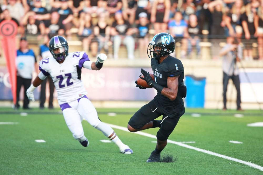 GVL / Kevin Sielaff 
Devin McKissic (1) returns the ball upfield. Grand Valley State squares off against Southwest Baptist Thursday, September 3rd, 2015 at Lubbers Stadium. 