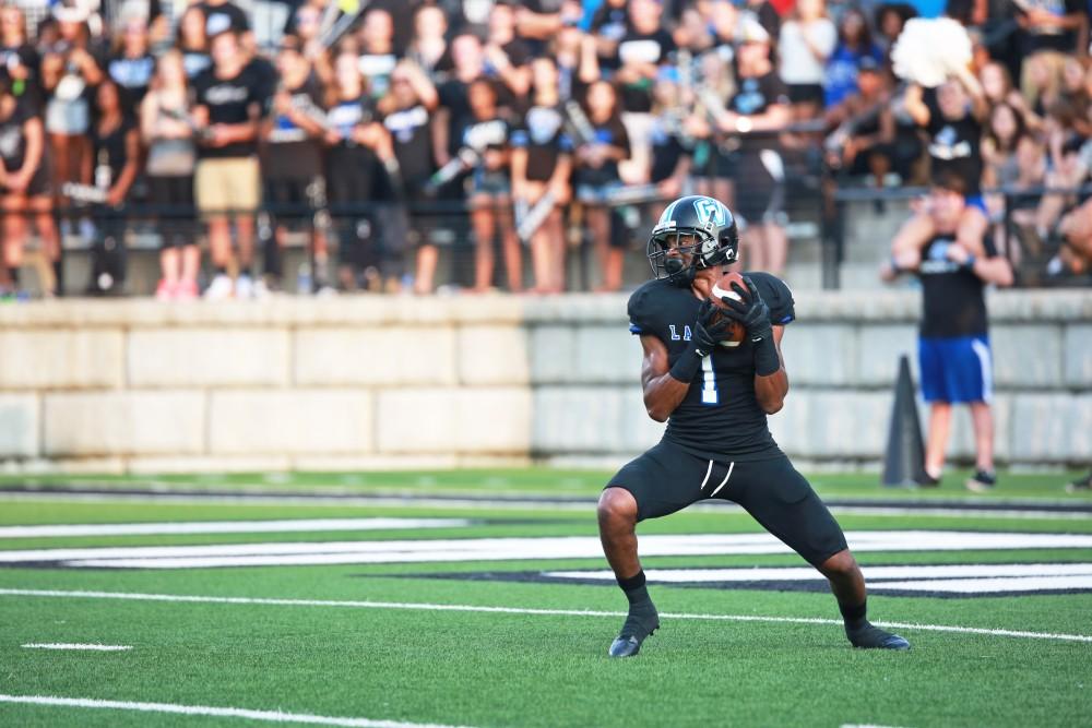 GVL / Kevin Sielaff 
Devin McKissic (1) grabs a punt return. Grand Valley State squares off against Southwest Baptist Thursday, September 3rd, 2015 at Lubbers Stadium. 