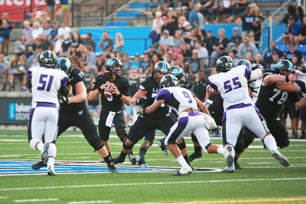 GVL / Kevin Sielaff 
Bart Williams (6) looks for a receiver. Grand Valley State squares off against Southwest Baptist Thursday, September 3rd, 2015 at Lubbers Stadium. 