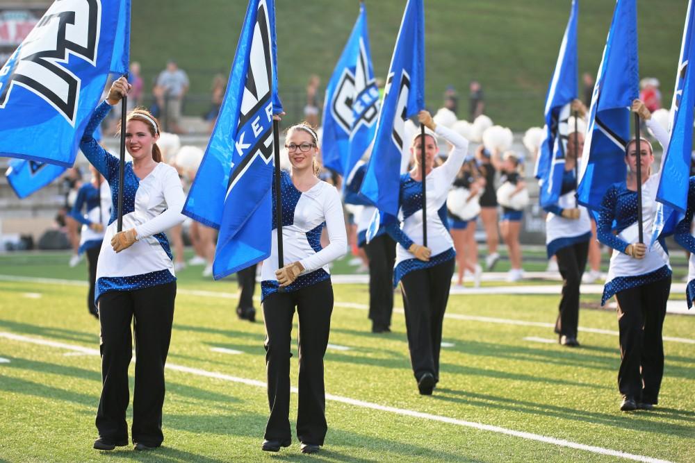 GVL / Kevin Sielaff 
The Laker Marching Band takes the field during half-time and pregame. Grand Valley State squares off against Southwest Baptist Thursday, September 3rd, 2015 at Lubbers Stadium. 