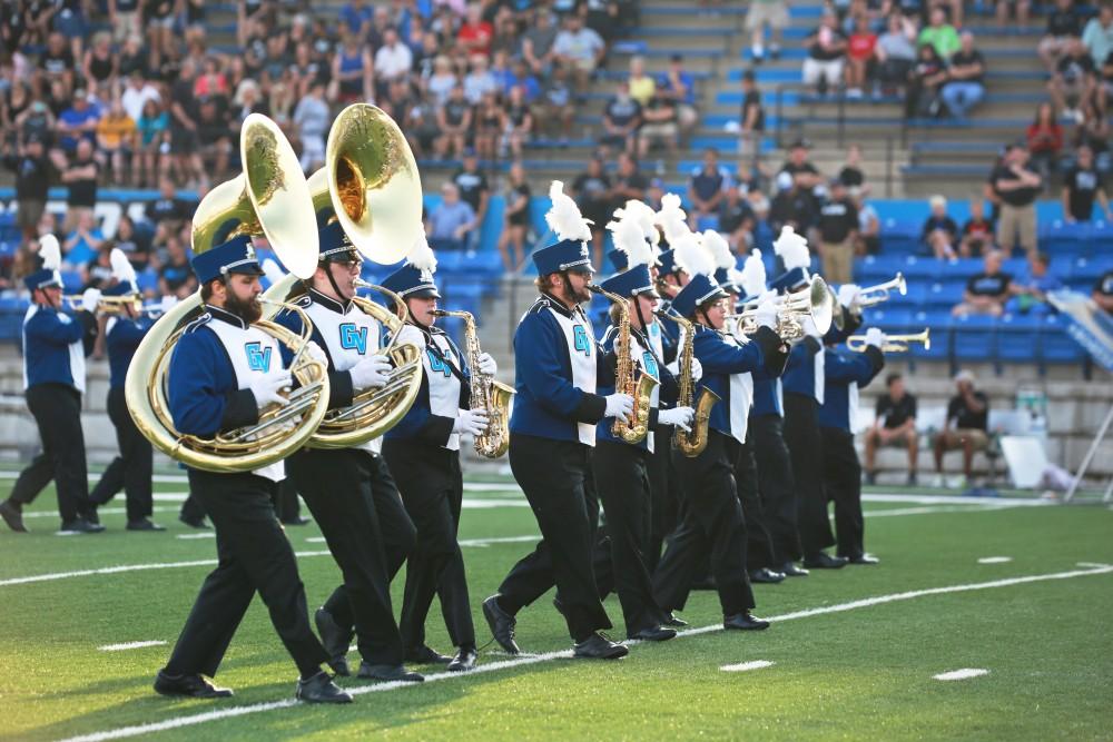 GVL / Kevin Sielaff 
The Laker Marching Band takes the field during halftime and pregame. Grand Valley State squares off against Southwest Baptist Thursday, September 3rd, 2015 at Lubbers Stadium. 