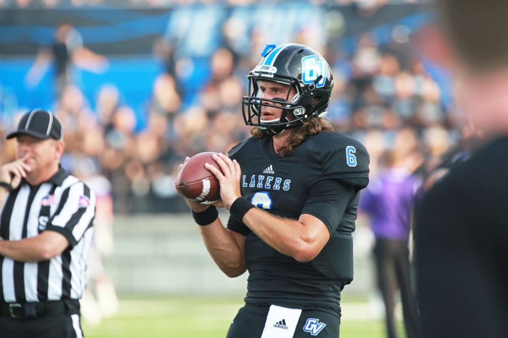 GVL / Kevin Sielaff 
Bart Williams (6) warms up before the game. Grand Valley State squares off against Southwest Baptist Thursday, September 3rd, 2015 at Lubbers Stadium. 