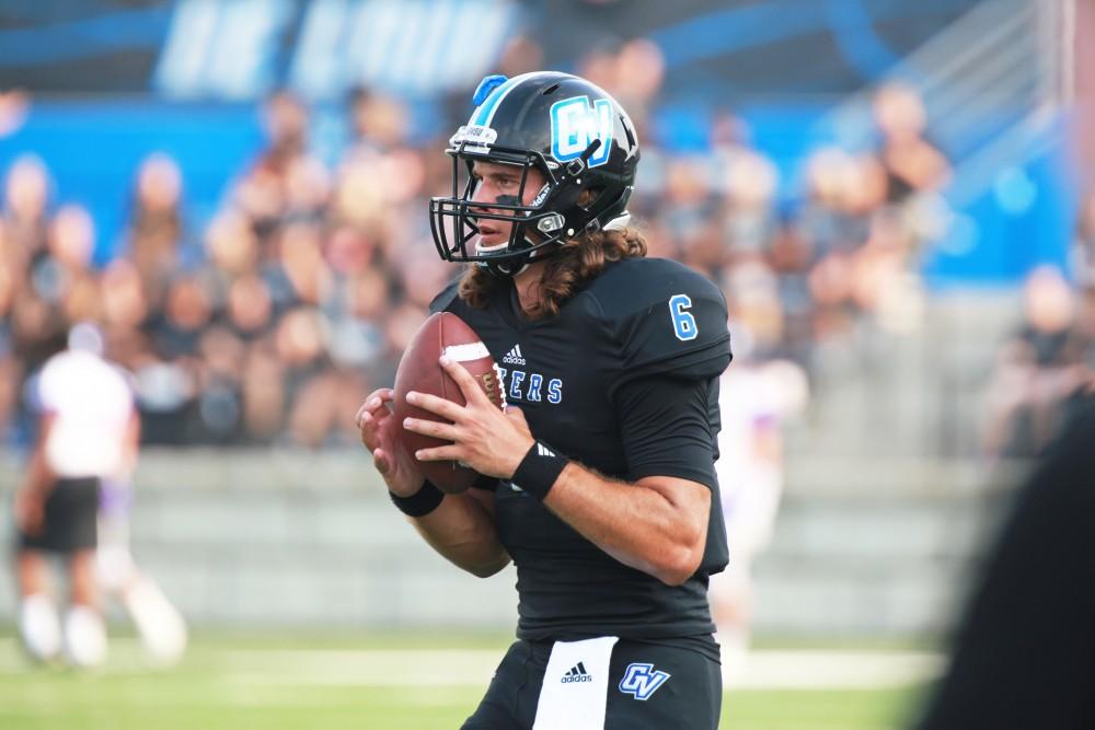 GVL / Kevin Sielaff 
Bart Williams (6) warms up before the game. Grand Valley State squares off against Southwest Baptist Thursday, September 3rd, 2015 at Lubbers Stadium. 