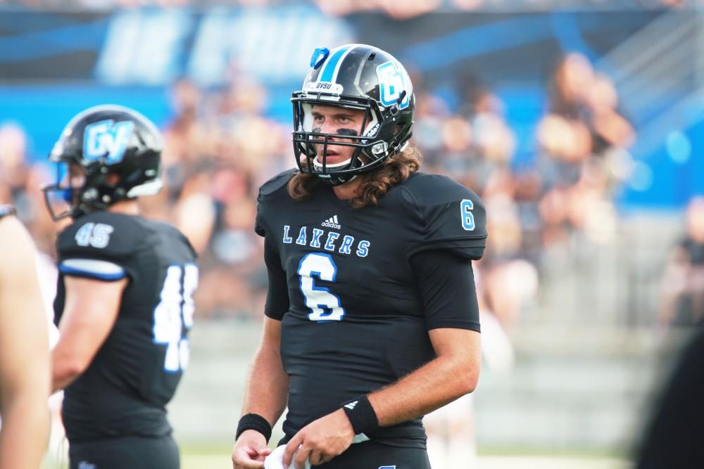 GVL / Kevin Sielaff 
Bart Williams (6) warms up before the game. Grand Valley State squares off against Southwest Baptist Thursday, September 3rd, 2015 at Lubbers Stadium. 