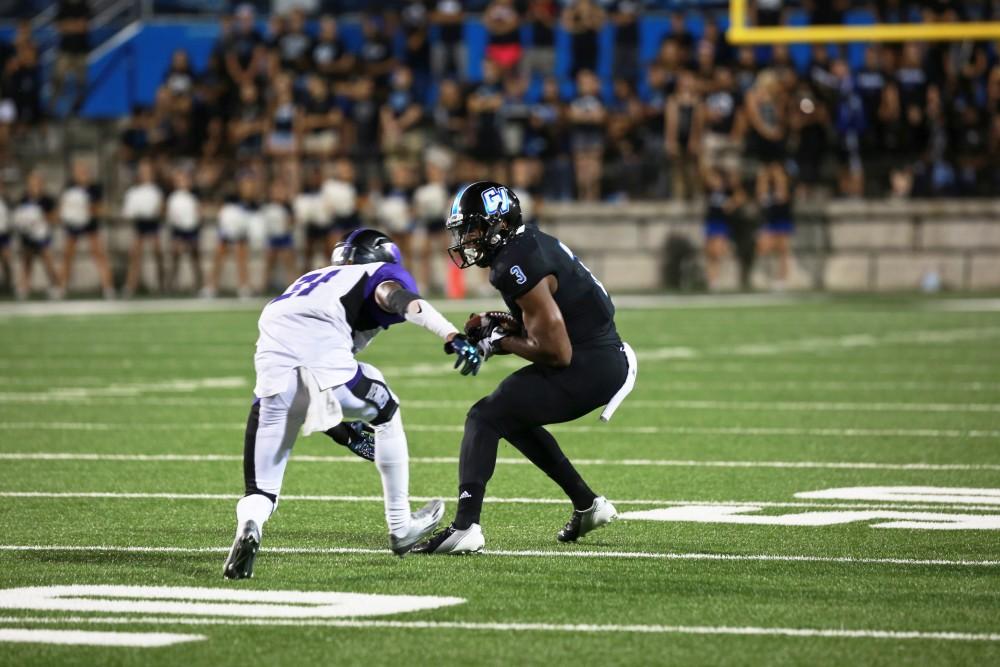 GVL / Kevin Sielaff Brandon Bean (3) looks to evade the Southwest defense. Grand Valley State squares off against Southwest Baptist Thursday, September 3rd, 2015 at Lubbers Stadium. 