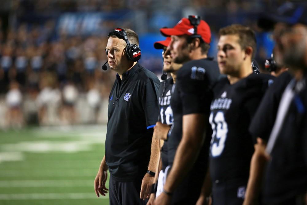 GVL / Kevin Sielaff 
Head coach Matt Mitchell watches a play unfold. Grand Valley State squares off against Southwest Baptist Thursday, September 3rd, 2015 at Lubbers Stadium. 