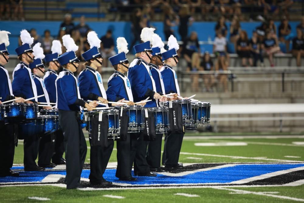 GVL / Kevin Sielaff 
The Laker Marching Band takes the field during halftime. Grand Valley State squares off against Southwest Baptist Thursday, September 3rd, 2015 at Lubbers Stadium. 