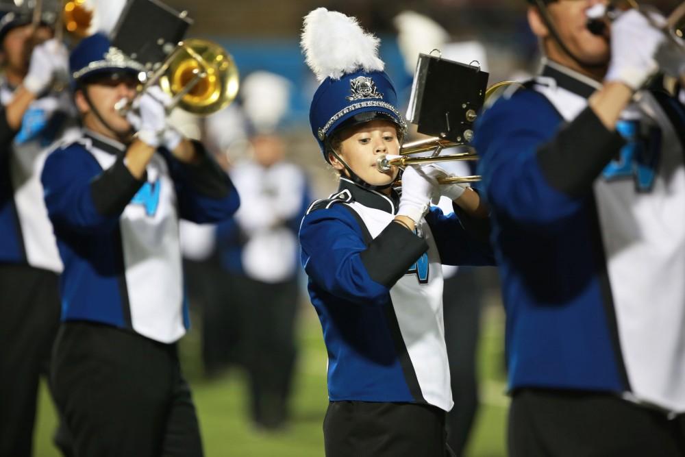 GVL / Kevin Sielaff 
The Laker Marching Band takes the field during halftime. Grand Valley State squares off against Southwest Baptist Thursday, September 3rd, 2015 at Lubbers Stadium. 