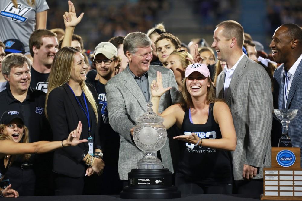 GVL / Kevin Sielaff 
The Director's Cup is presented during halftime. Grand Valley State squares off against Southwest Baptist Thursday, September 3rd, 2015 at Lubbers Stadium. 