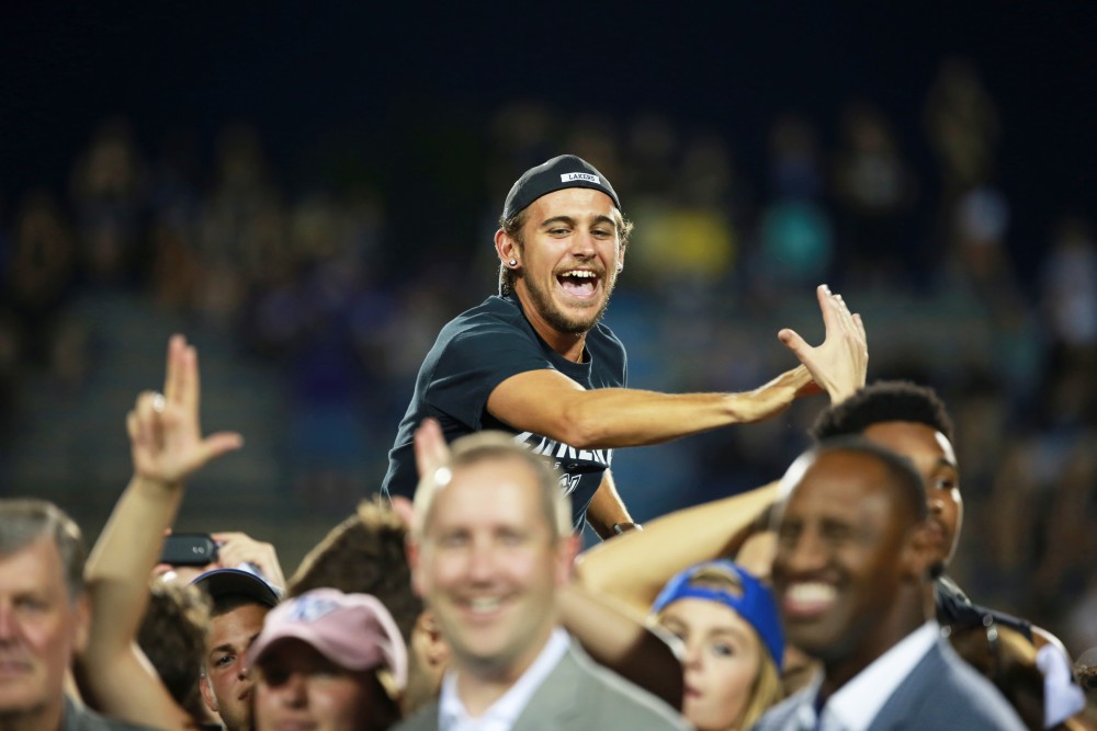 GVL / Kevin Sielaff 
The Director's Cup is presented during halftime. Grand Valley State squares off against Southwest Baptist Thursday, September 3rd, 2015 at Lubbers Stadium. 